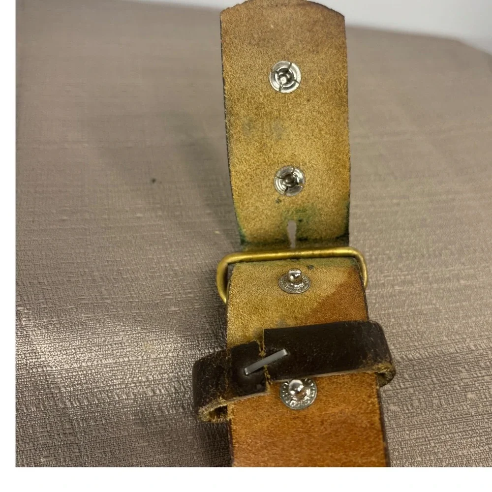 BTS Leather Belt Men 38 Brown Rare Vintage 70s Wood Inlay Solid Brass Buckle USA